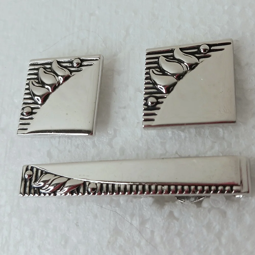 Silver Cufflinks and Tie Clip Set Vintage SWANK Sculpted Graphic Mid-Century